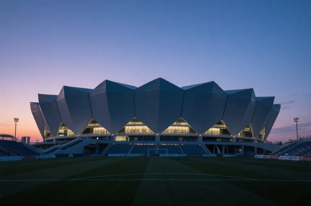 A modern futuristic soccer stadium with a unique architectural roof, twilight sky, cinematic lighting, editorial sports photography