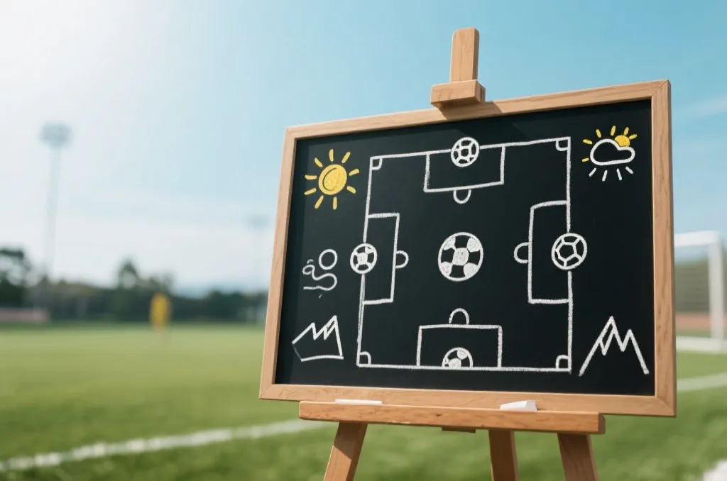 A tactical chalkboard with soccer formations, climate icons like sun and high altitude mountain symbols, dynamic sports analysis background